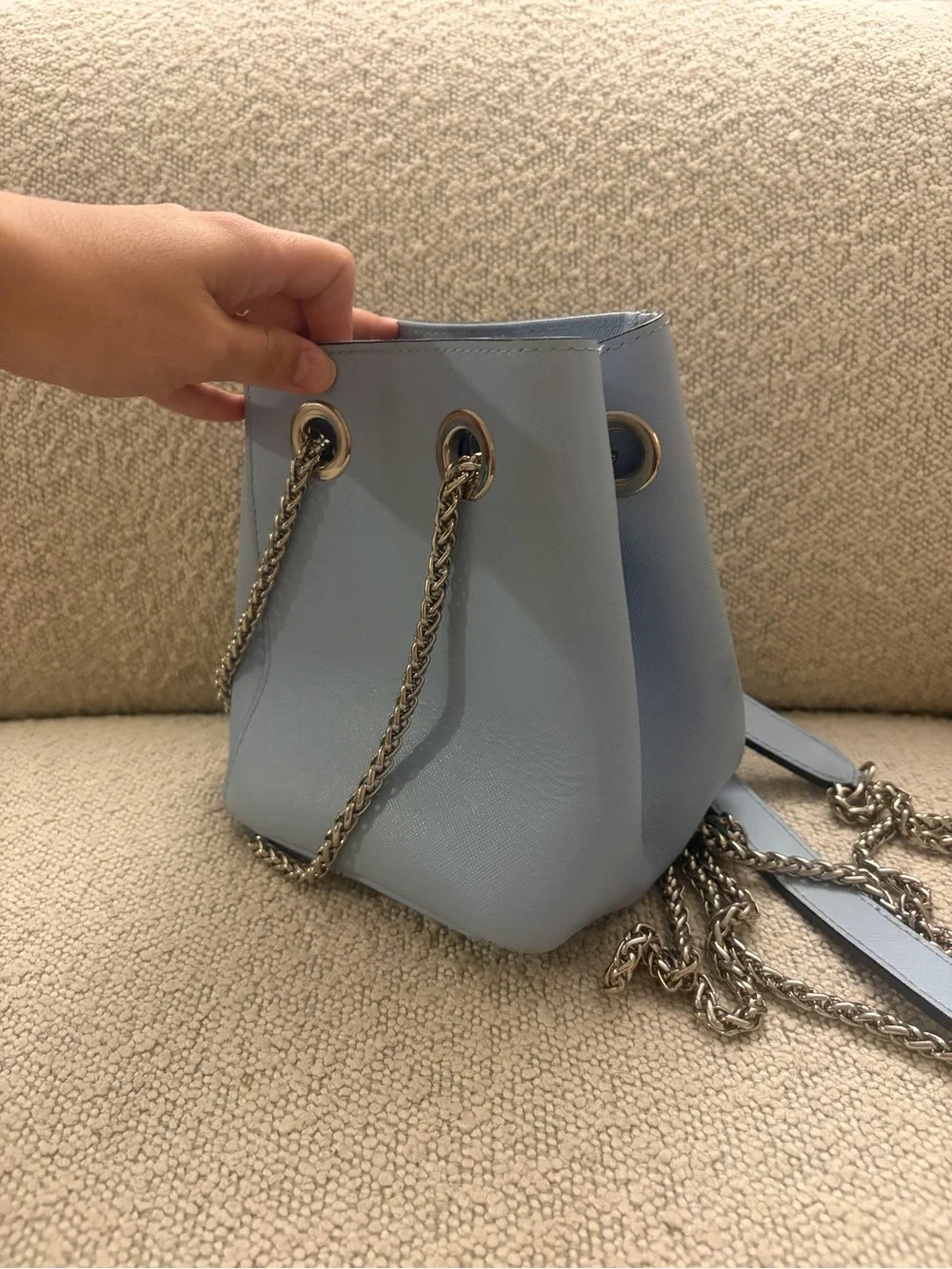 Valentino Powder Blue Saffiano Chain Bucket Bag